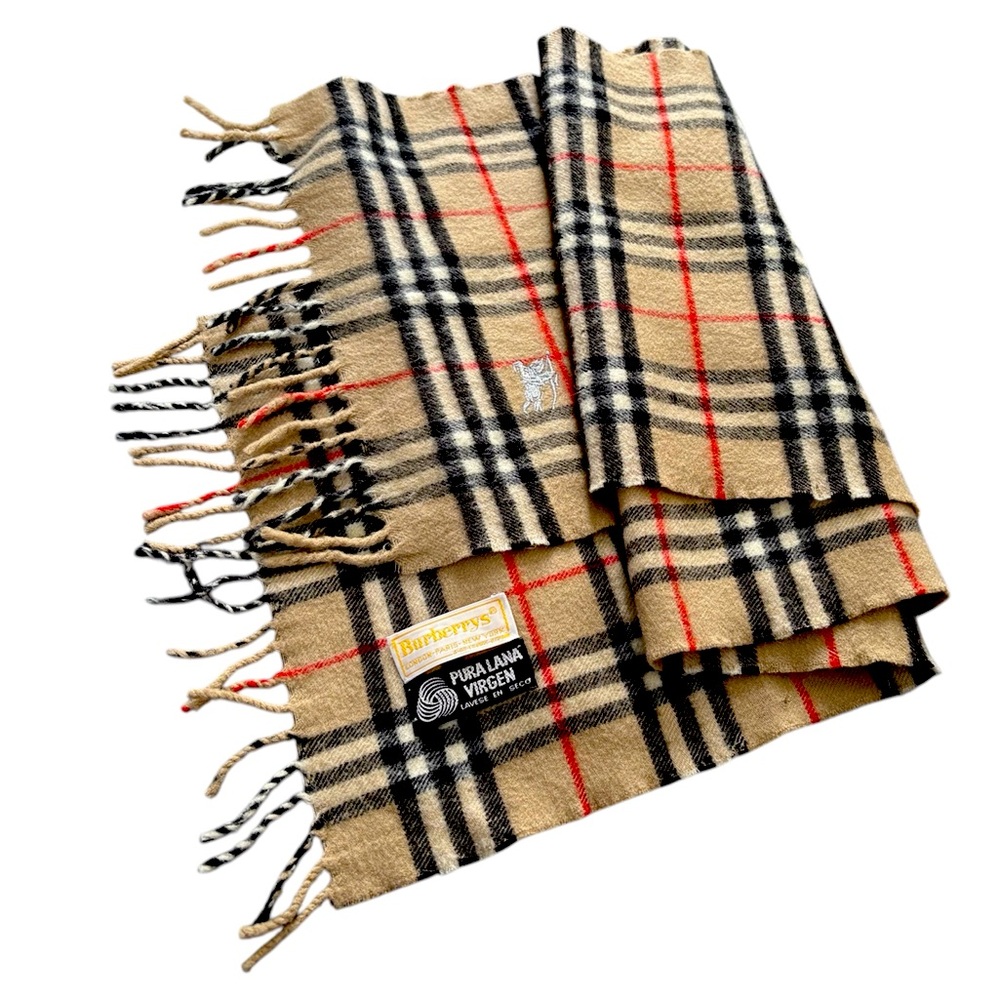 Classic Vintage Khaki Plaid Burberry 100% wool scarf Made in Spain